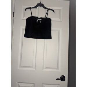 Hm Satin Crop Cami Tank Top Rhinestone Bow Detail Black XS Nwt